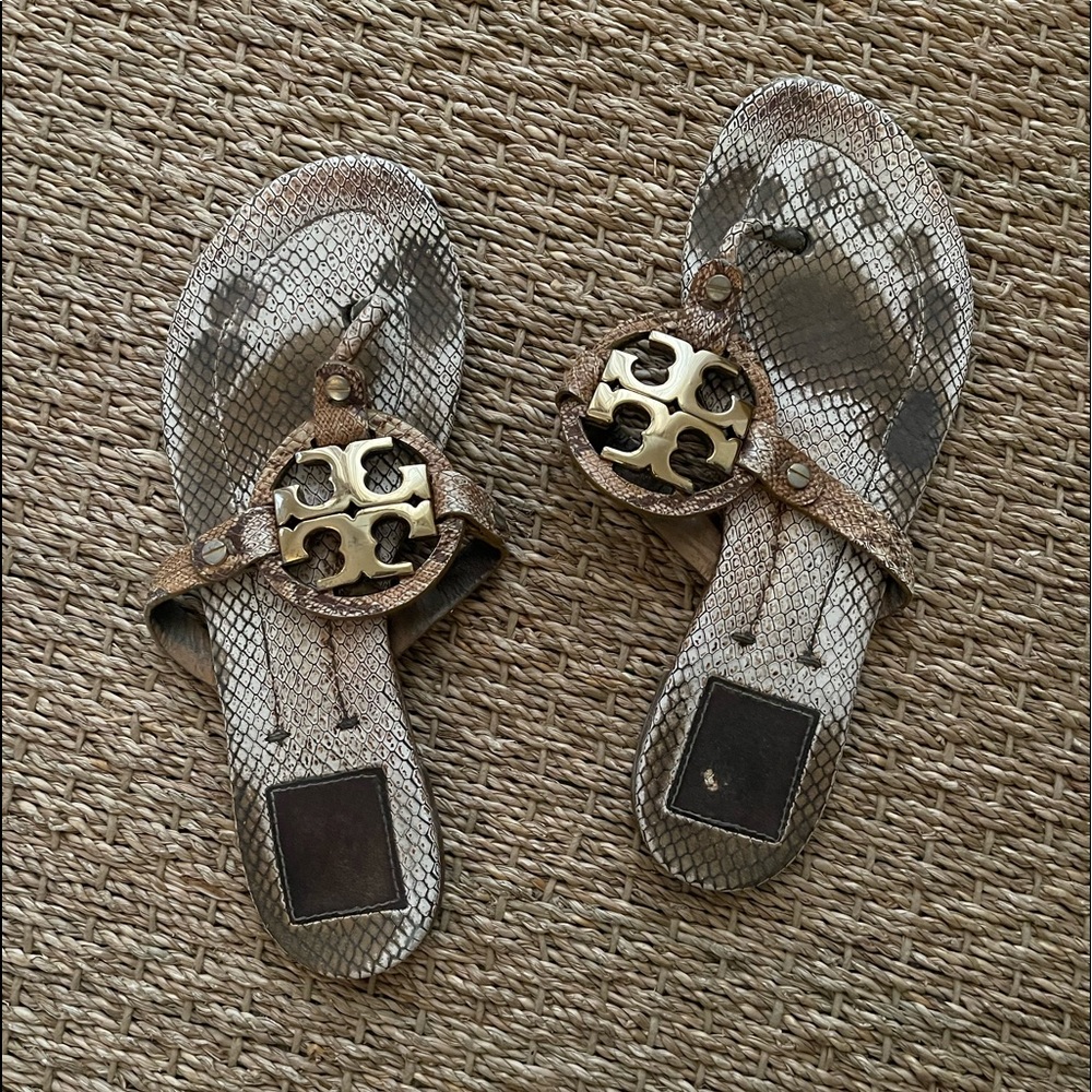 Tory Burch Miller Snakeskin Tan Snake-Embossed Python Sandals Flip flops | US 8